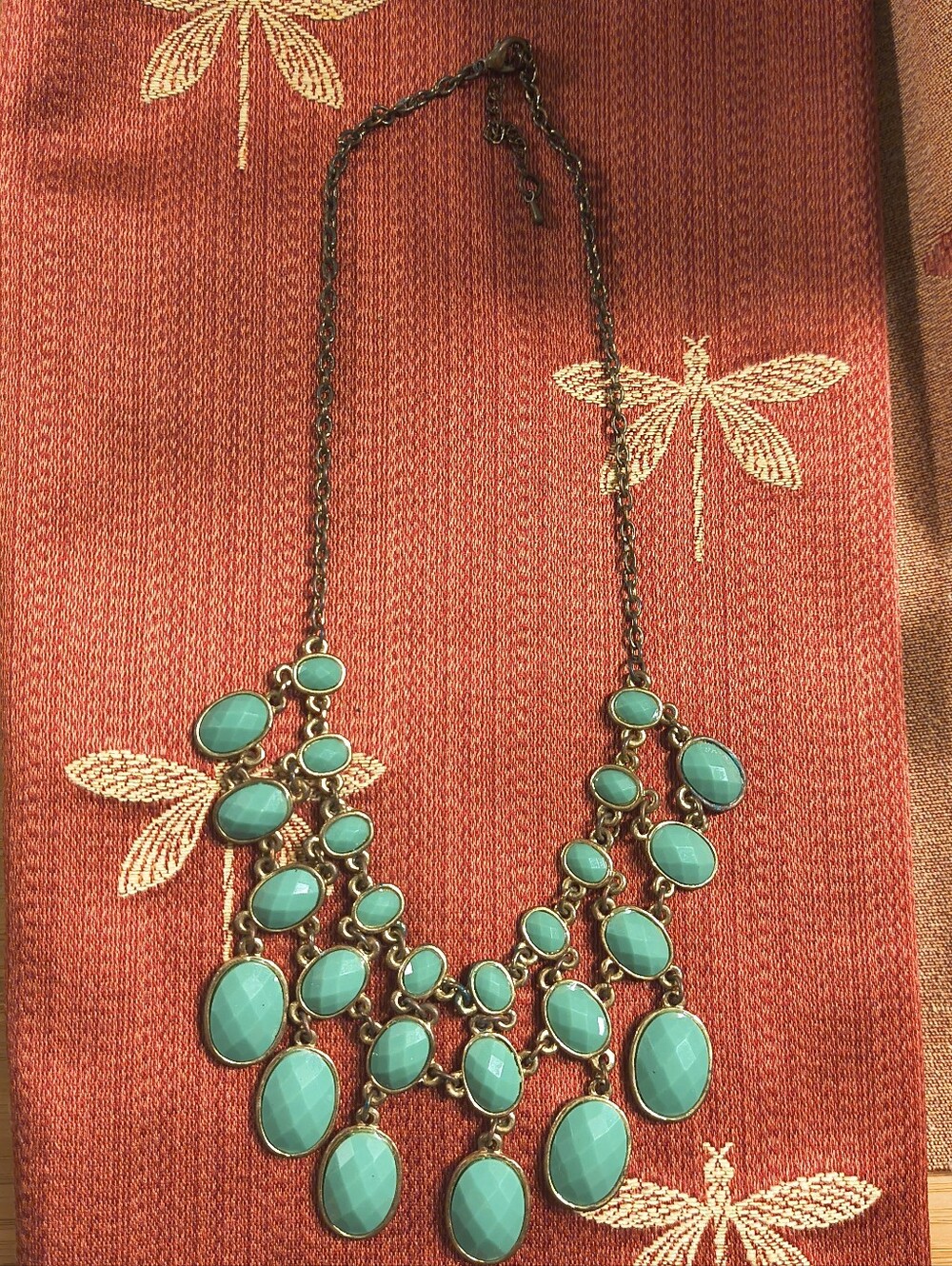 Teal Faceted Cabochon Statement Bib Necklace Antiqued Brass Tone Boho